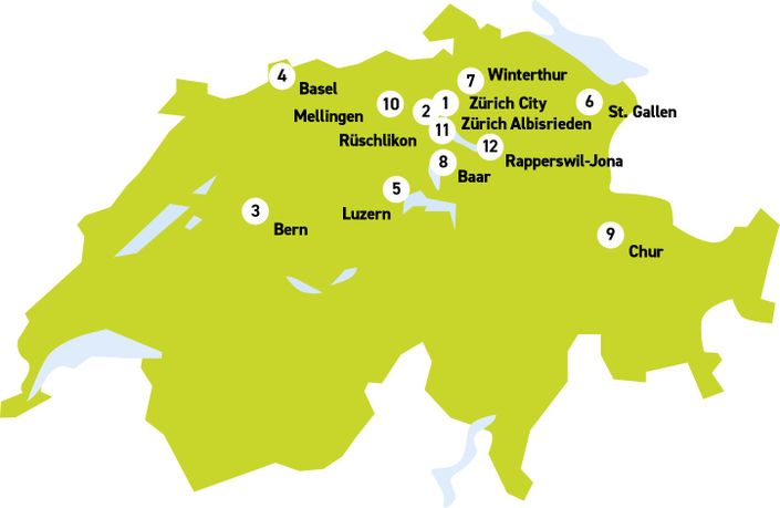 Schlafwohl Karte_12 Filialen_nummerierte Punkte und Namen_unterschiedliches Format